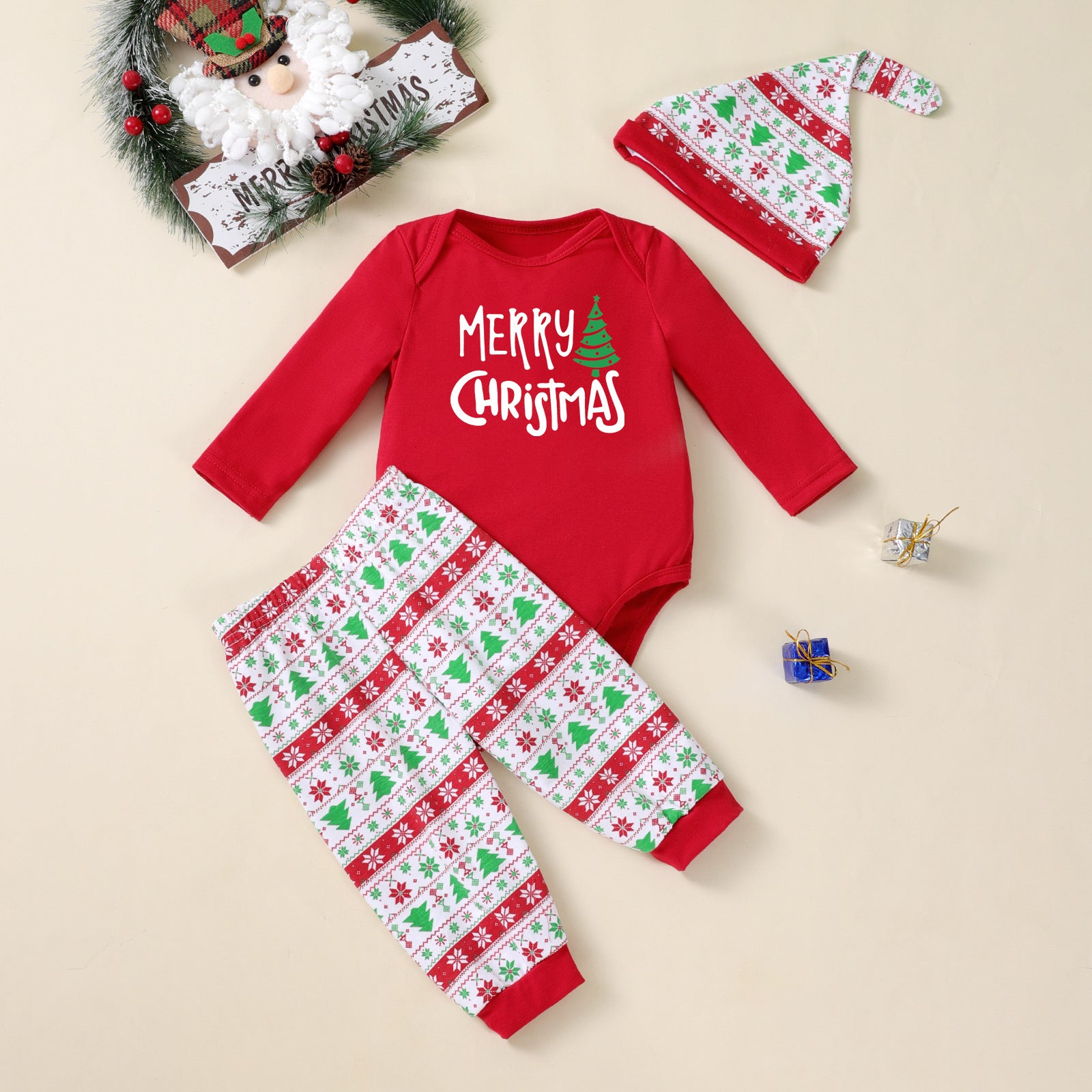 Christmas Tree Print Long-sleeve 3-piece Party Outfit