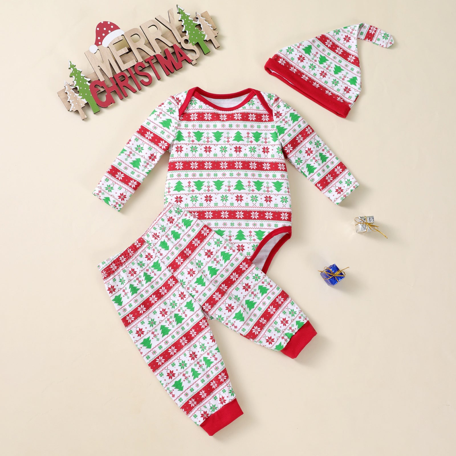 Christmas Tree Print Long-sleeve 3-piece Party Outfit