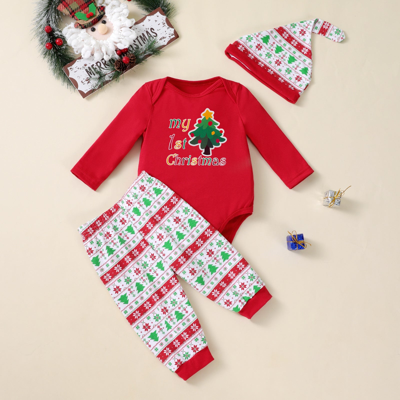 Christmas Tree Print Long-sleeve 3-piece Party Outfit