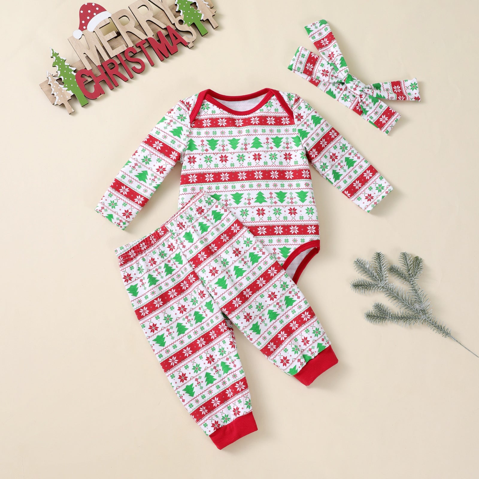 Christmas Tree Print Long-sleeve 3-piece Party Outfit